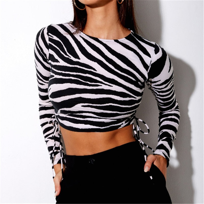 Cinessd  Zebra Pattern Crop Tops Women Long Sleeve Color Hit Side Drawstrings Slim Midriff T-Shirts 2022 Spring Ins Hot Clubwear