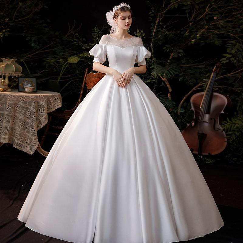 Vestido De Noiva 2021 New Classic Satin 1m Chapel Train Ball Gown Sweet Puff Sleeve Princess Luxury Wedding Dress Plus Size