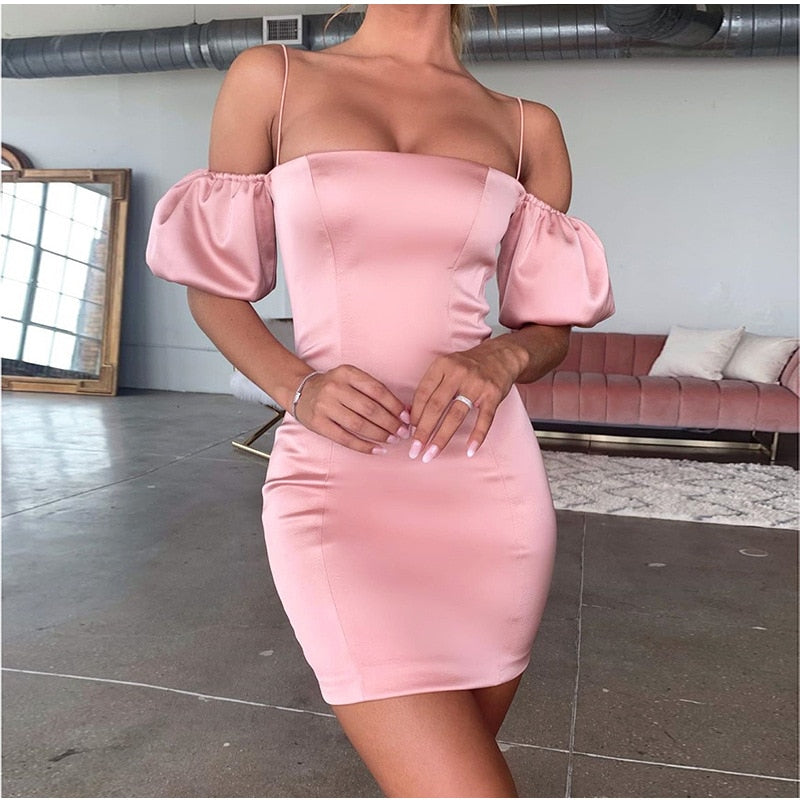 Cinessd  Elegant Off Shoulder Club Slim Dress Mujer Robe Vestido French Romance Party Night Lace Up Bodycon Summer Dresses Women Pink Top