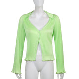 Cinessd  Green Single Breasted V Neck Casual Tops & Blouses Women Button Up Flare Long Sleeve Elegant Autumn Cardigan Shirts