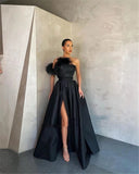Prom Dresses Elegant Black Satin Evening Dress 2022 Long Prom Gowns With Pockets Feather High Side Slit Formal Party Cocktail dress