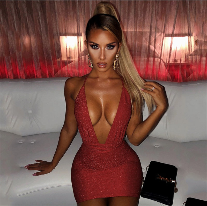 Cinessd   2022 Sleeveless Halter Bandage Sexy Women Dress Backless Bodycon Summer Deep V-Neck Night Club Lace-Up Party Dress