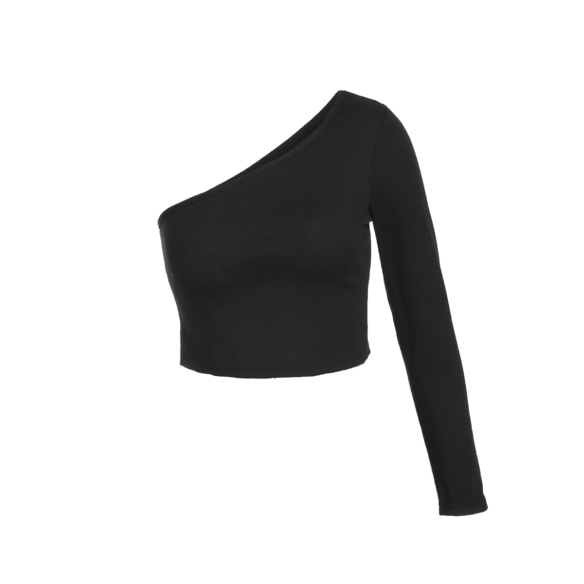 Cinessd  Ladies Fashion Crop Top Women Summer One Shoulder Long Sleeve Ribbed Knit T-Shirts Solid Slim Stretch Pullovers Slim Short Tops