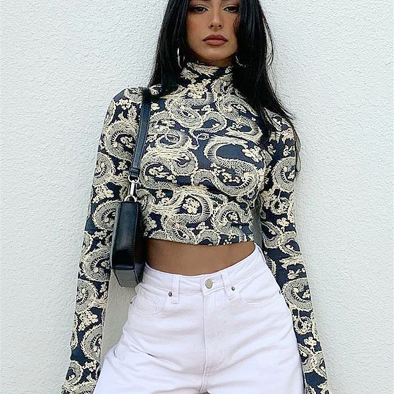 Cinessd Back to school outfit Spring Autumn Women's Dragon Printed Crop Tops Long Sleeve High Collar Short Slim T-Shirt