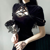Cinessd  Elegant Lady Retro Black Velvet Mini Dress Hollow Out Bandage Puff Sleeve Slim Fit Dress Mall Grunge Gothic Streetwear