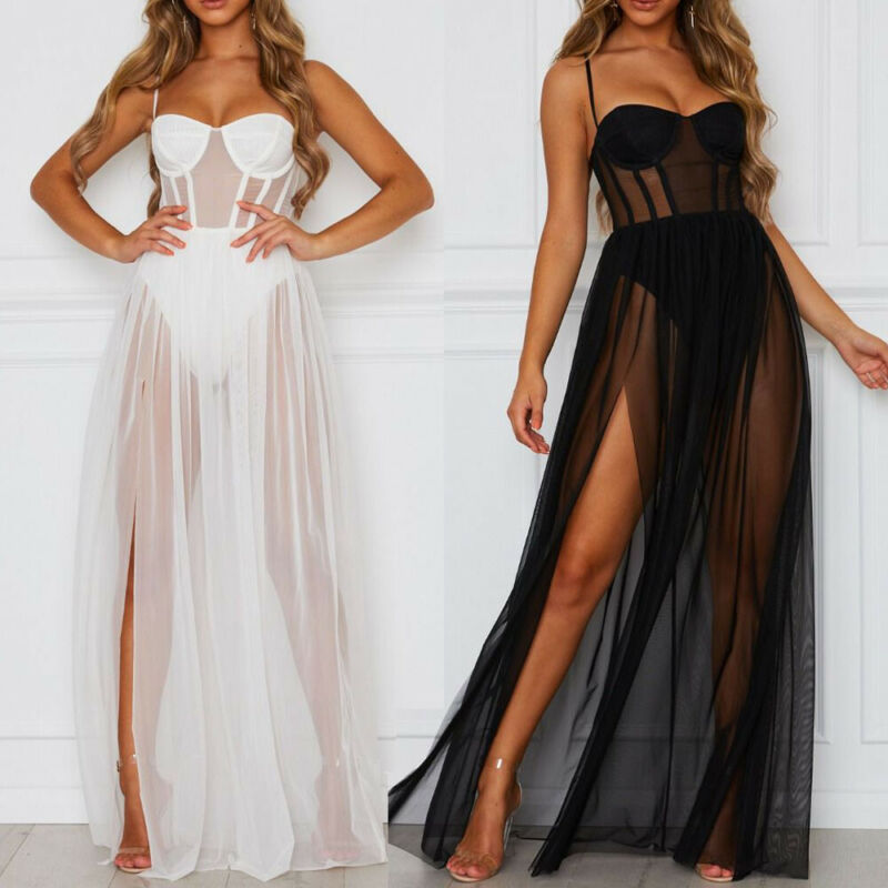 Cinessd Back to school outfit Summer Women Sheer Mesh Maxi Dress Vestidos De Fiesta Sexy See Through Club Party Sleeveless Lace Tulle Dress Sundress