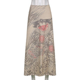 Cinessd  2023 Fairycore Grunge Y2K Midi Skirts Womens Vintage Floral Print Cute Girl Faldas Clothes Low Waist Kawaii Long Skirt