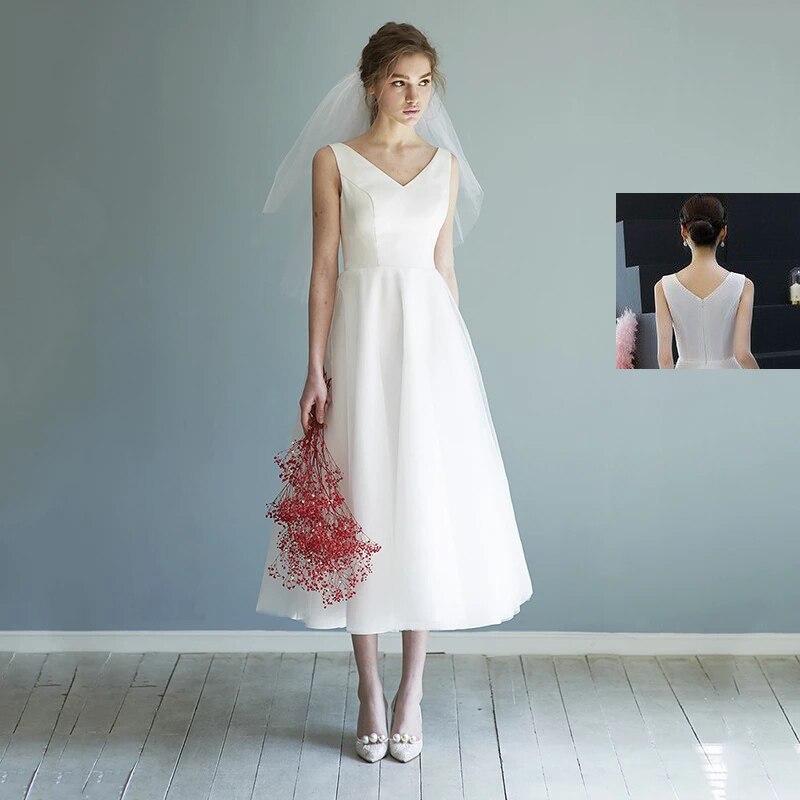 Cinessd Back to school New Simple Wedding Dress Satin Tea Length Sleeveless V Neck Bridal Dresses 2022 Vestidos De Boda Novia