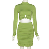 Cinessd Green Two Pieces Sets Skirts Women Autumn Hollow Out Slim Turtleneck Long Sleeve Crop Top Bodycon Sexy Ruched Mini Skirt