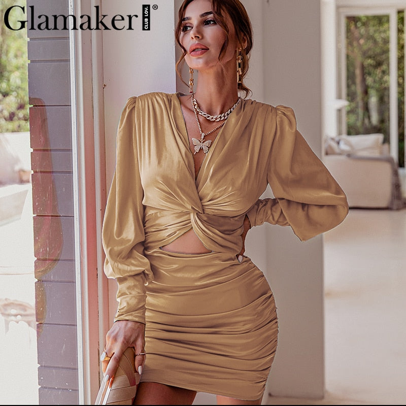 Cinessd Back to school outfit Sexy Deep V Neck Bodycon Dress Party Club Hollow Out Mini Dress Elegant Winter Autumn Chic Lantern Sleeve Satin Dress