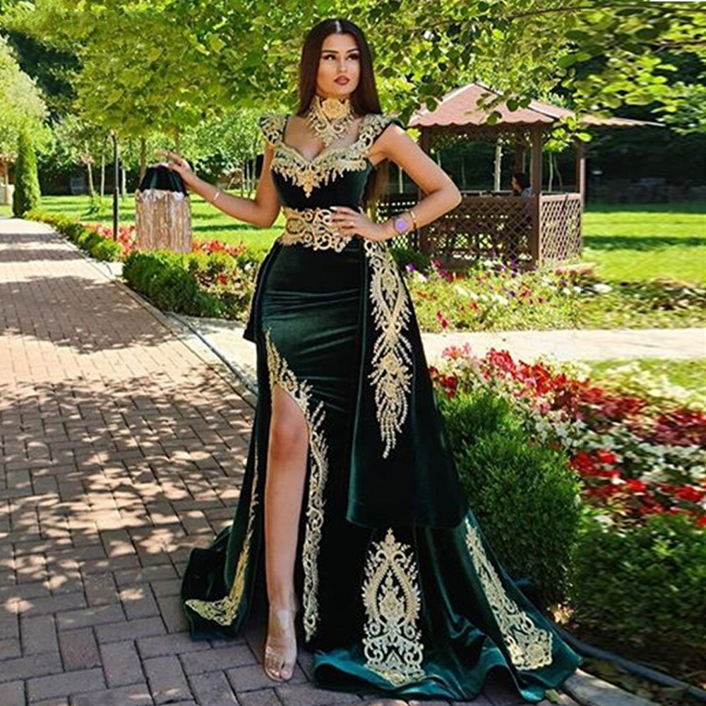 Cinessd Back to school outfit Vintage Velvet Evening Dress Removable Skirt Arabic Split Prom Gowns Appliques Lace Tassel High Neck Algerian Outfit