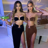 Cinessd Y2K Solid Two Piece Set Women Sexy Tube Top Crop Tops+Side Split Midi Skirt Evening Nightclub Dresses Woman Summer 2022