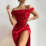 Cinessd  High Quality Satin Bodycon Dress Elegant Women Party Dress 2022 Red Off The Shoulder Sexy Dress Celebrity Evening Night Dresses