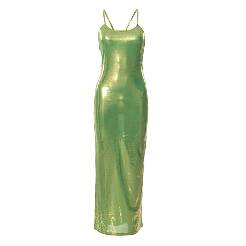 Cinessd  Women's Spaghetti Strap Bodycon Dress Shiny Metallic Sleeveless Backless Stretchy Club Dress Green