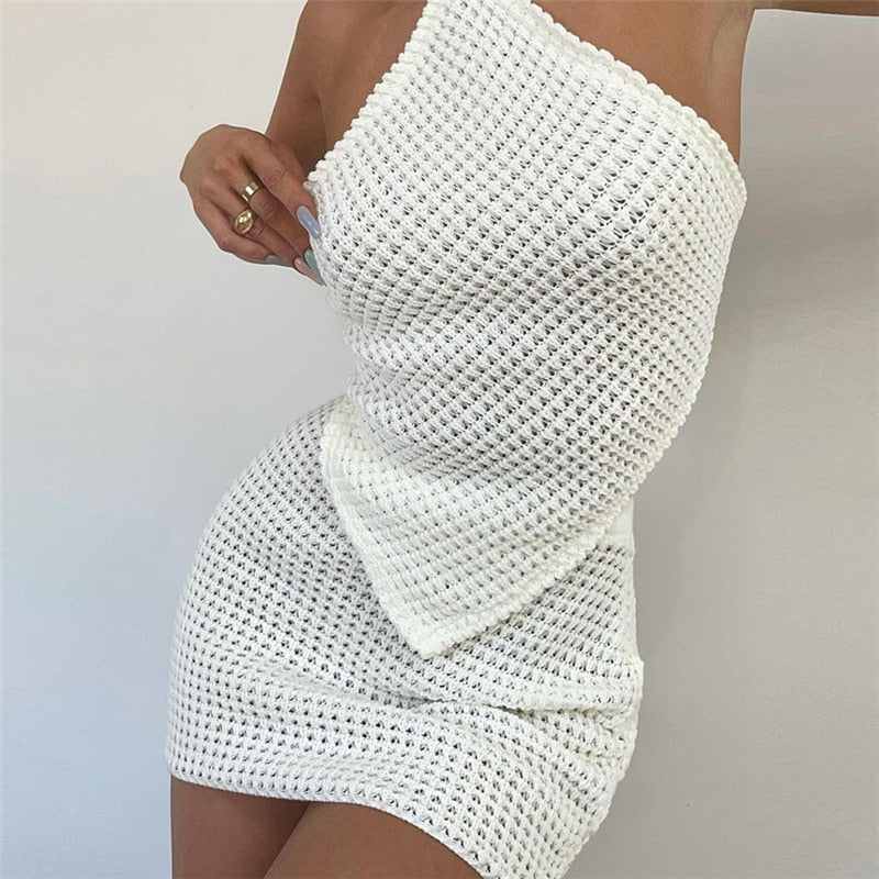 Cinessd Fashion Solid Knitted Dress For Women Two Piece Sets Halter Lace Up Crop Top+Skinny Mini Skirts Matching Streetwear Outfit