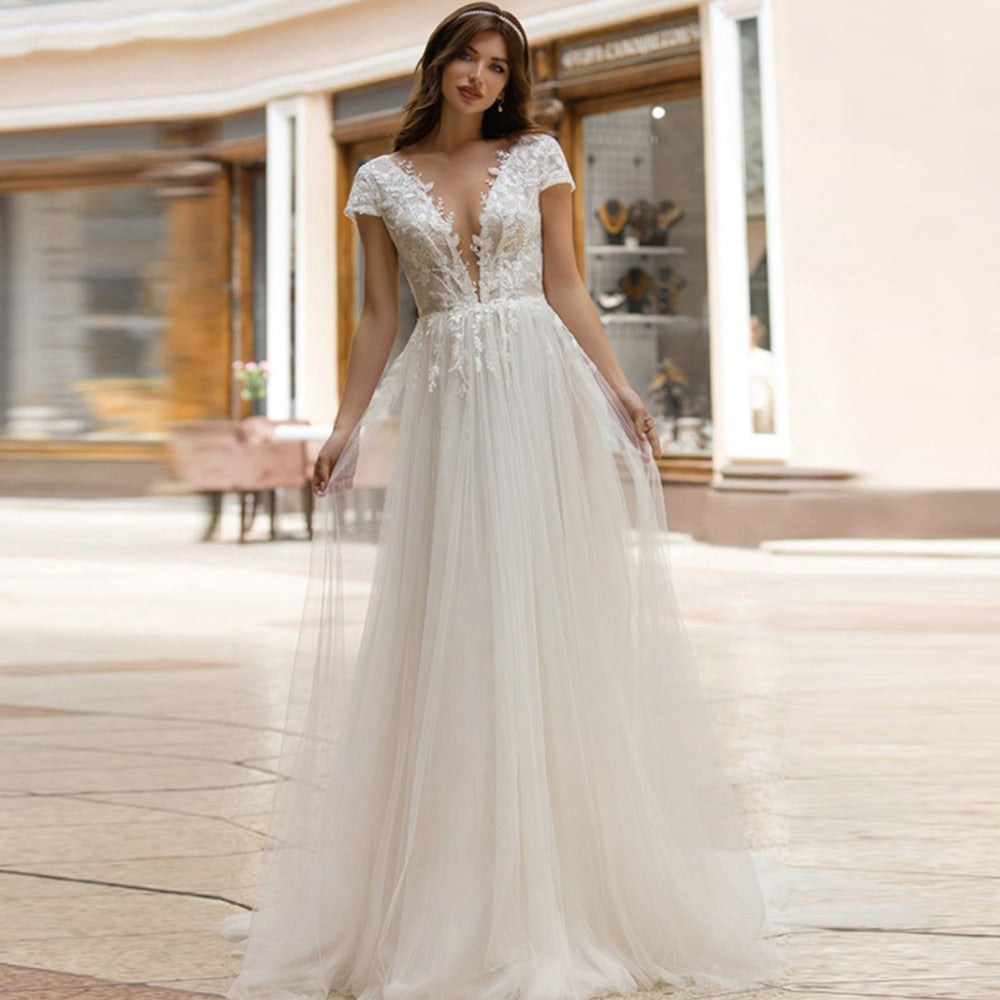 Princess Wedding Dress 2022 Women Bohemian V Neck Appliques Lace A-Line Backless Formal Wedding Gown Tulle Beach Bridal Dress