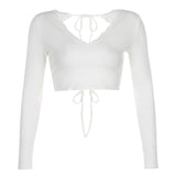 Back to school  Women White T-Shirts V Neck Long Sleeve Ruffles Bandage Knitted Crop Top Backless Lace Edge Y2K Aesthetics Tee Female Cloth