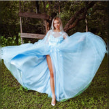 Cinessd  Light Blue Evening Dresses Puffy Sleeves Pleat Mono 3D Flower Floor-Length Vestido De Fiesta Robe De Soiree