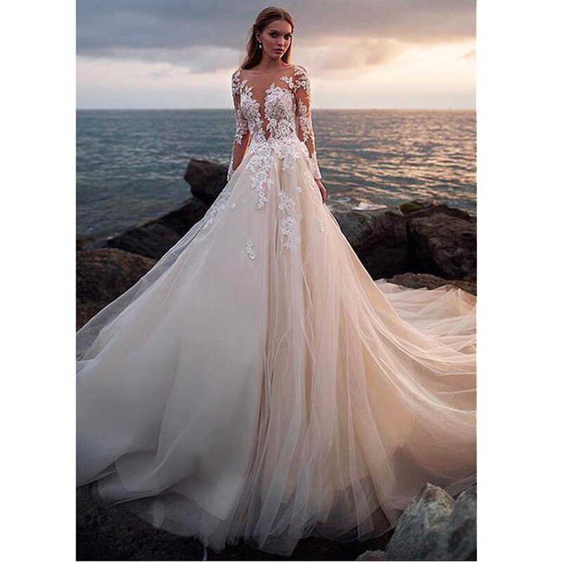 Princess Wedding Dress 2021 Illusion Long Sleeves Sheer Backless Lace  Ball Gown Wedding Gowns Boho Bridal Robe De Mariage
