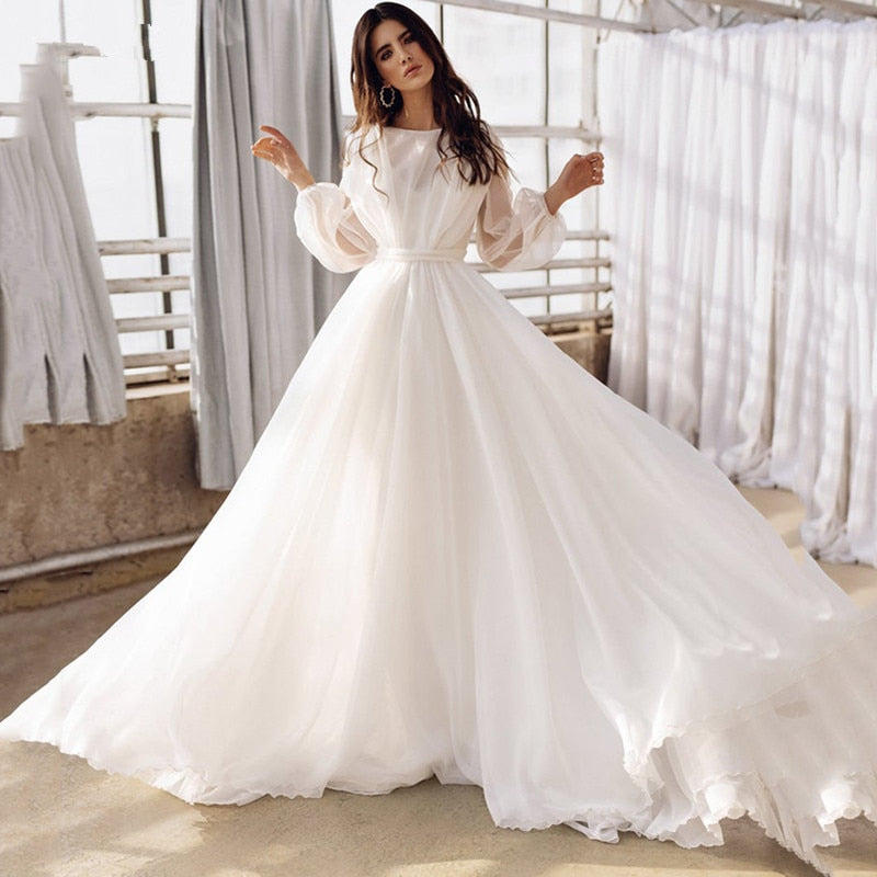 Cinessd  Boihemian Wedding Dresses Long Sleeve Pure White Chiffon Simple A-Line Robe De Mariée Bride Dress Open Back Vestido De Noiva New