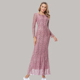 Cinessd  2022 Plus O-Neck Wave Sequins See Though Women Maxi Dresses Elegant Long Sleeve Female Party