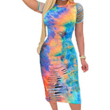 Cinessd  Women Casual Painted Bodycon Stretch Dress Tie Dyeing Holes Colorful Slim Vestido Female Casual Fashion Clothes Set Summer Fall