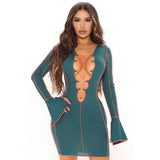 Cinessd Sexy Cut Out Long Sleeve Bandage Mini Dress Women 2022 Autumn Fashion Flare Sleeve Streetwear Outfits Club Party Dresses