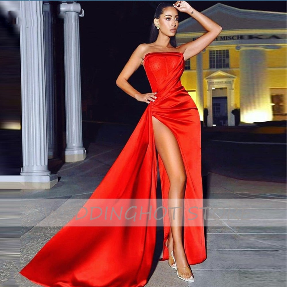 Cinessd Back to school outfit Sexy Strapless Evening Dresses Long 2021 Women Side Split Mermaid Prom Gowns Sexy Pink Party Dress Custom vestido de fiesta