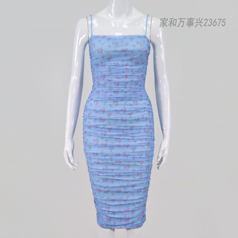 Cinessd  Women Floral Print Sling Dress Sleeveless High Waist Pleated Midi Bodycon Dress For Summer