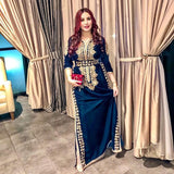 Prom Dresses Blue Velvet Morocco Caftan Golden Lace Evening Dresses Side Split Mermaid Prom Dress Long Sleeve Formal Evening Party Dress