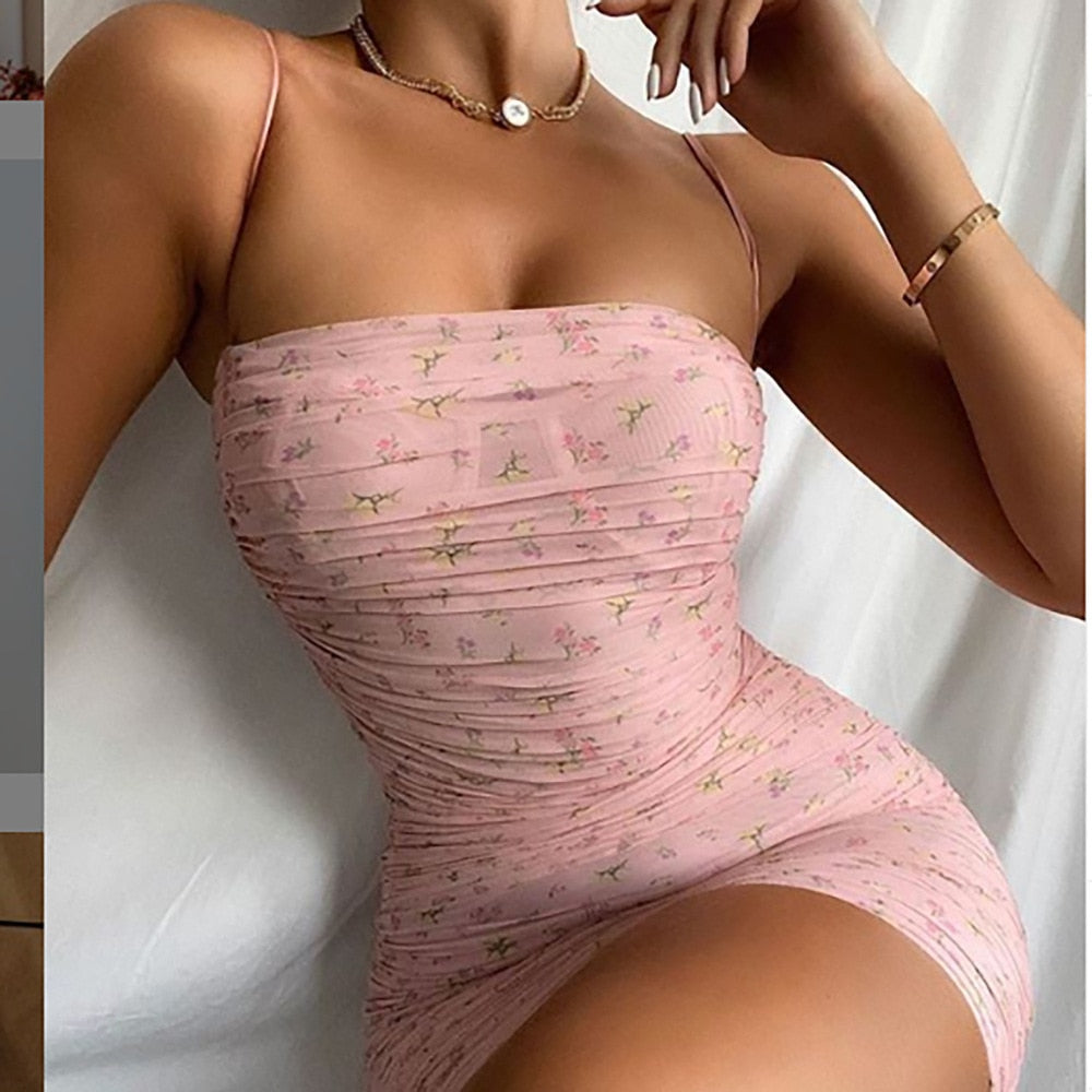 Cinessd Back to school Women Strappy Off Shoulder Bodycon Dress Thin Spaghetti Straps Floral Printed Ruched Mini Dress Sexy Party Dress
