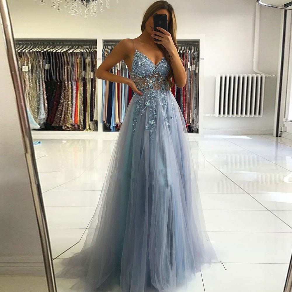 Cinessd Back to school outfit Blue Evening Dresses Long Lace Beading Spaghetti Strap Prom Gowns Floor-Length Custom Tulle Party Dress Vestido De Fiesta