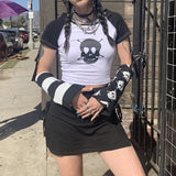 Cinessd   y2k Gothic Contrast Baby Tee with Detachable Reversible Arm Warmers E-girl Harajuku Grunge Crop Top Women Punk Style T-shirt