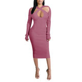 Cinessd Back to school outfit Ribbed Knitted Solid Halter Dress  Women Classic Hollow Out Cleavage Long Sleeve Criss Cross Neck Sexy Sheath Body-Shaping Dress
