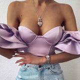 Cinessd  Summer Crop Tops 2022 Women's Ns Sexy Pleated Lotus Leaf Sleeves One Word Shoulder Umbilical Cord Top Female