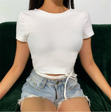 Cinessd  Sexy Backless Tee Tops Women Ladies Short Sleeve Bandage Tie Up Solid Basic Pullover O Neck T Shirts Club Streetwear Crop Top