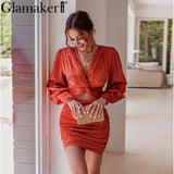 Cinessd Back to school outfit Sexy Deep V Neck Bodycon Dress Party Club Hollow Out Mini Dress Elegant Winter Autumn Chic Lantern Sleeve Satin Dress