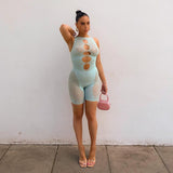 Cinessd  Y2k Mesh Sheer Patchwork Playsuits Women Sleevelss Cut Out Bodycon Romper Sexy Club Jumpsuits Female
