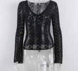 Cinessd  See Though Sexy Lace Shirts Women V Neck Transparent Elegant Party Slim Black Brown Long Sleeve Blouse Women Tops