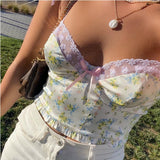 Cinessd  Frill Lace Floral Print Y2K Crop Top Women Summer Sleeveless Cute Camis Top Ladies Backless Casual Mini Vest Fashion
