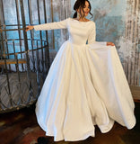 Cinessd Back to school outfit Simple Elegant Long Sleeve O-Neck Boho Satin Open Back Floor Length A-Line Wedding Dress For Women  Wedding Gown Bridal Gow