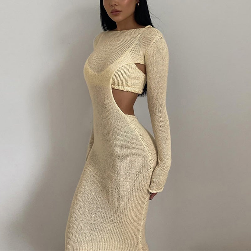 Cinessd Autumn Knitted Sexy See Through Long Sleeve Maxi Dress And Sleeveless Short Camisole Women Party Dresses Two Pieces Set