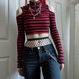Cinessd  Gothic Mall Goth Striped Print T-shirt Hollow Out Slim Fit Turtleneck Crop Top E-girl Harajuku Grunge Emo Alt Tees Women Clothes