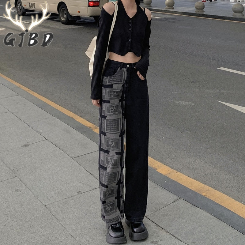Cinessd  Black High Waist Women's Straight Jeans Baggy Harajuku Patchwork Streetwear Printing Korean Fashion Denim Trouser Wide Leg Pants