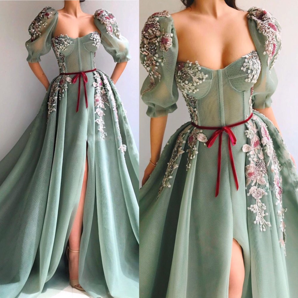 Cinessd Back to school outfit Mint Green Evening Dress 2022 Half Sleeves Sweetheart Neck High Slit Lace Beaded Appliques A-Line Dubai Prom Party Gowns Long