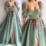 Cinessd Back to school outfit Mint Green Evening Dress 2022 Half Sleeves Sweetheart Neck High Slit Lace Beaded Appliques A-Line Dubai Prom Party Gowns Long