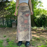 Cinessd  2023 Fairycore Grunge Y2K Midi Skirts Womens Vintage Floral Print Cute Girl Faldas Clothes Low Waist Kawaii Long Skirt