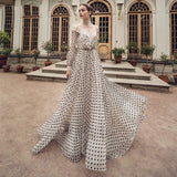 Cinessd  Lace Appliques High Neck Prom Dresses Long Sleeves A-Line Evening Dress Button Dotted Tulle Party Gown