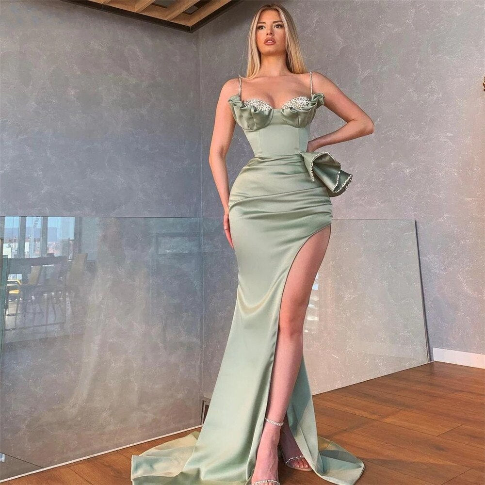 Prom Dresses  Cinessd Sunny Mermaid Satin Long Prom Dresses High Slit Side Beaded Formal Women Party Dress Pleats Evening Gowns Custom Size