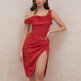 Cinessd  High Quality Satin Bodycon Dress Elegant Women Party Dress 2022 Red Off The Shoulder Sexy Dress Celebrity Evening Night Dresses